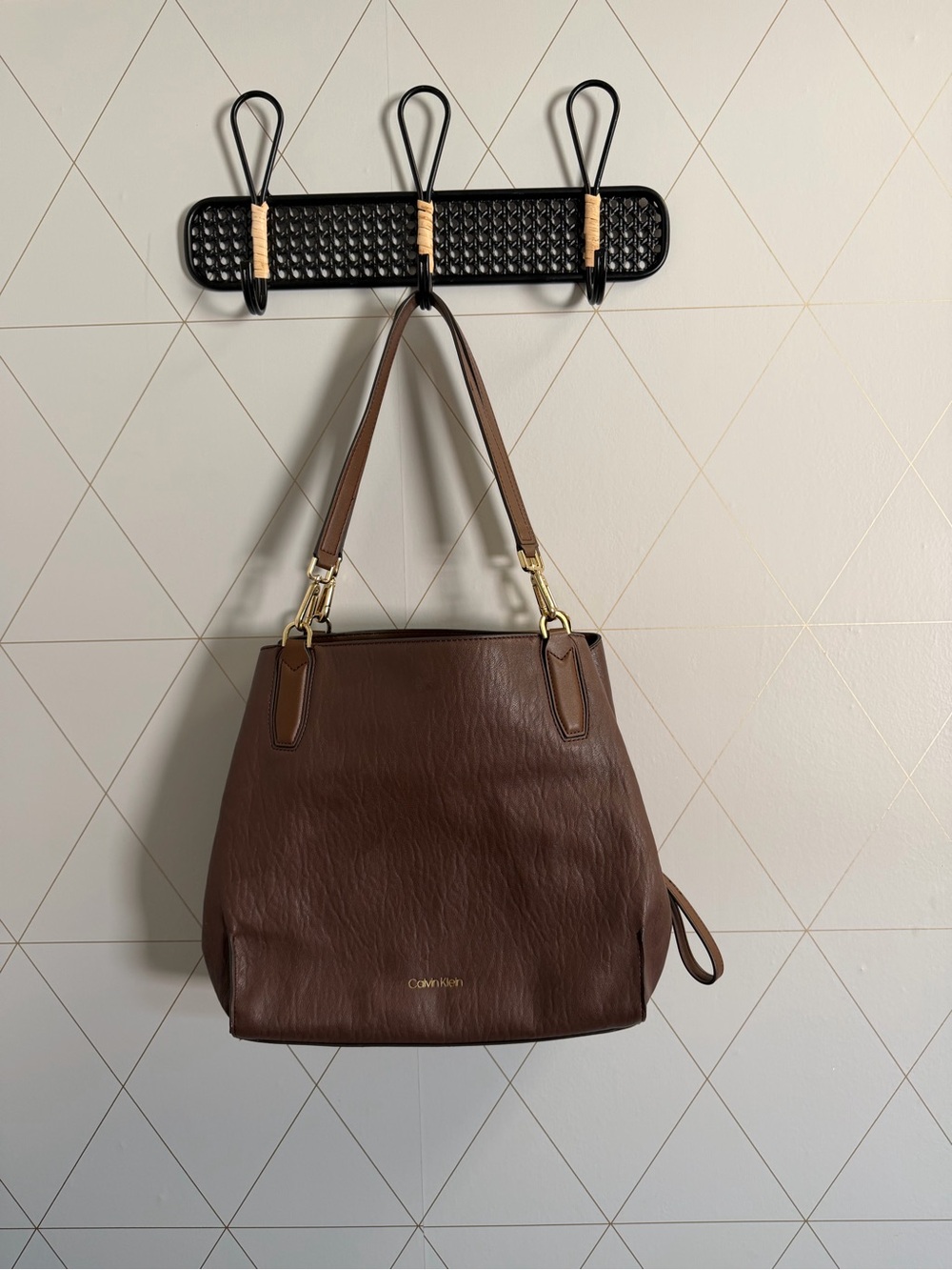 Calvin Klein Brown Pebbled Faux Leather Tote Shoulder Bag Gold Hardware